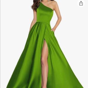 Satin one shoulder gown with high slit